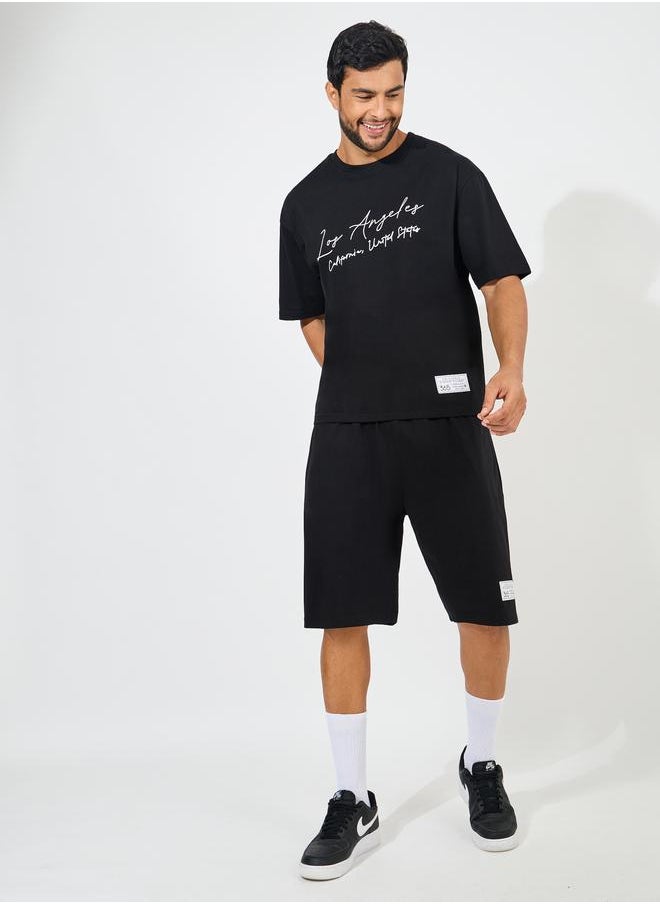 Styli Styli Chest Print Heavy Cotton Jersey T-Shirt and Badge Detail shorts Co-Ords  - Image 2