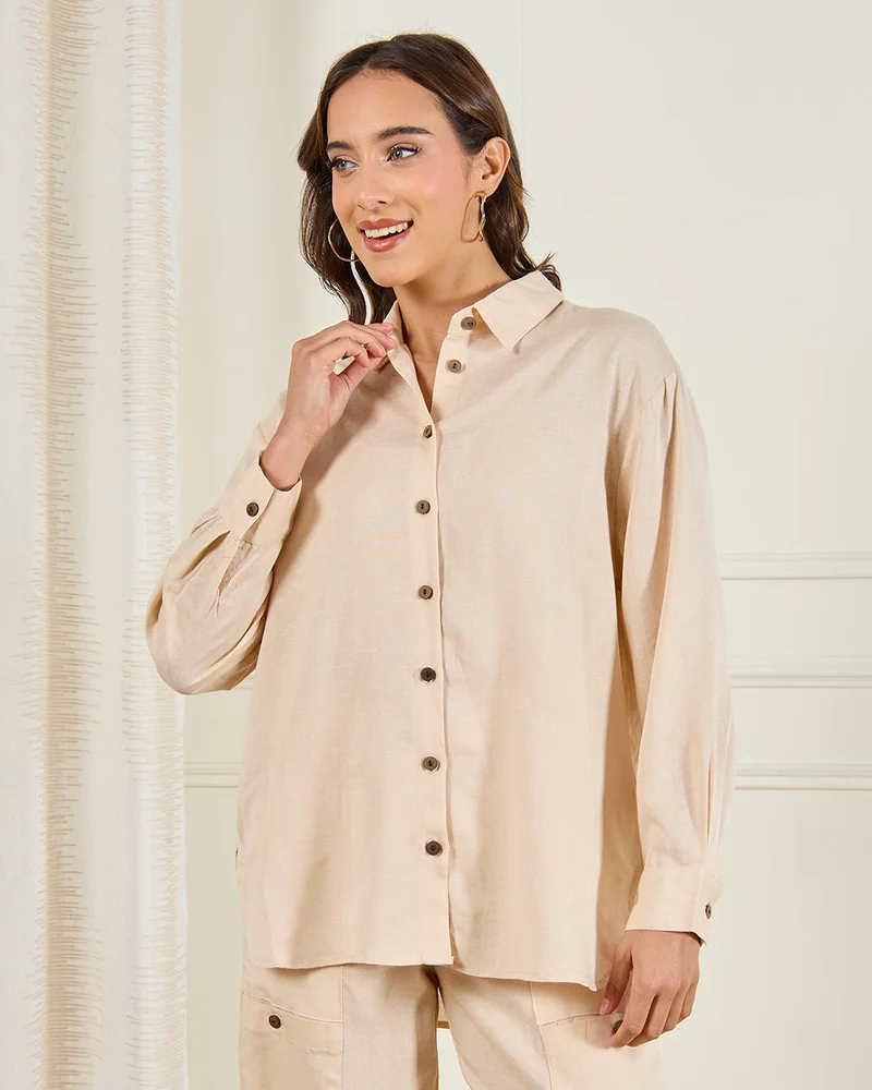 Redtag Women Beige Button Down Shirt Blouse