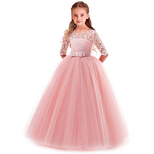 HIHCBF Flower Girls 3/4 Sleeves Lace Tulle A-Line Dress Floor Length Pageant Party Wedding Maxi Evening Dance Prom Ball Gown Pink 5-6T - Image 1