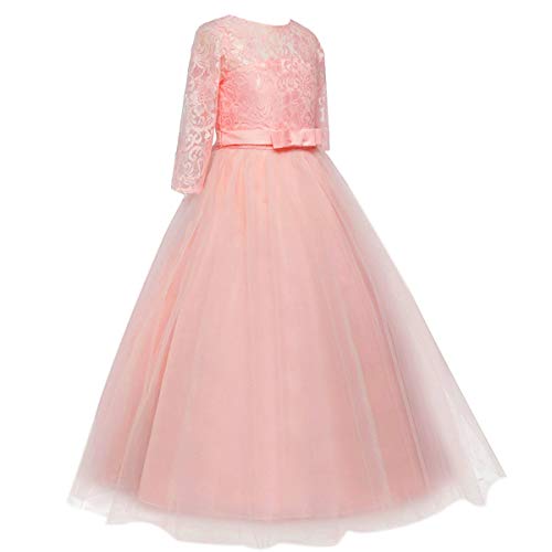 HIHCBF Flower Girls 3/4 Sleeves Lace Tulle A-Line Dress Floor Length Pageant Party Wedding Maxi Evening Dance Prom Ball Gown Pink 5-6T - Image 4