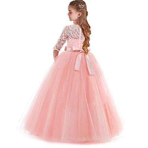 HIHCBF Flower Girls 3/4 Sleeves Lace Tulle A-Line Dress Floor Length Pageant Party Wedding Maxi Evening Dance Prom Ball Gown Pink 5-6T - Image 2