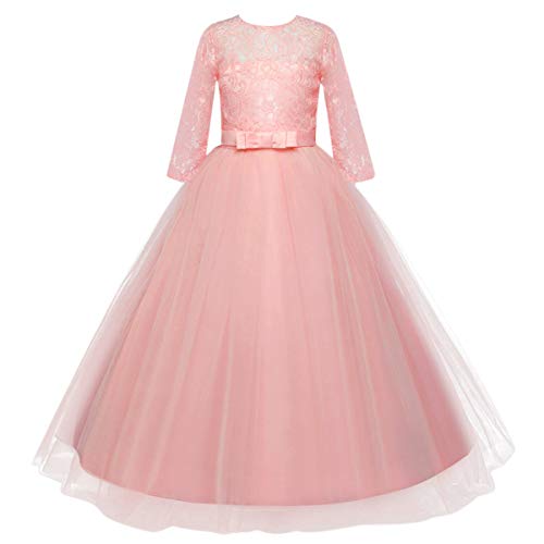 HIHCBF Flower Girls 3/4 Sleeves Lace Tulle A-Line Dress Floor Length Pageant Party Wedding Maxi Evening Dance Prom Ball Gown Pink 5-6T - Image 3