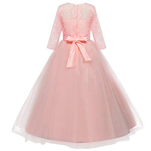 HIHCBF Flower Girls 3/4 Sleeves Lace Tulle A-Line Dress Floor Length Pageant Party Wedding Maxi Evening Dance Prom Ball Gown Pink 5-6T - Image 5