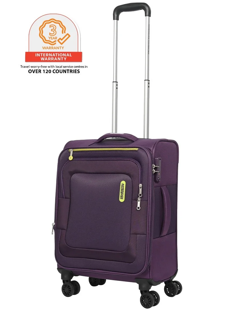 Duncan+ Suitcase, Cabin Size 55 cm / 20 inch, 4 Spinner Wheels, Soft Top, 100% Polyester, Purple|Lightweight|Water Resistant Material|TSA Lock|Front Storage Compartment - 3 Years International Warranty