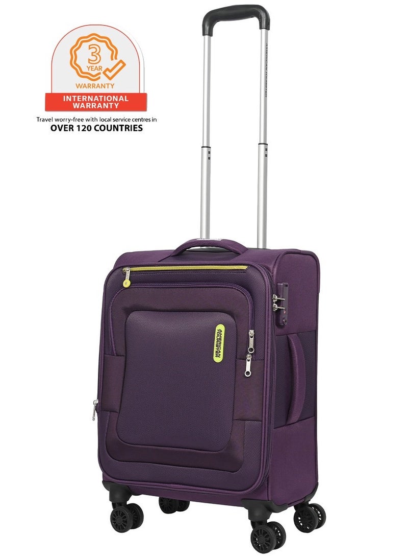 AMERICAN TOURISTER Duncan+ Suitcase, Cabin Size 55 cm / 20 inch, 4 Spinner Wheels, Soft Top, 100% Polyester, Purple|Lightweight|Water Resistant Material|TSA Lock|Front Storage Compartment|Expandable - 3 Years International Warranty - Image 1