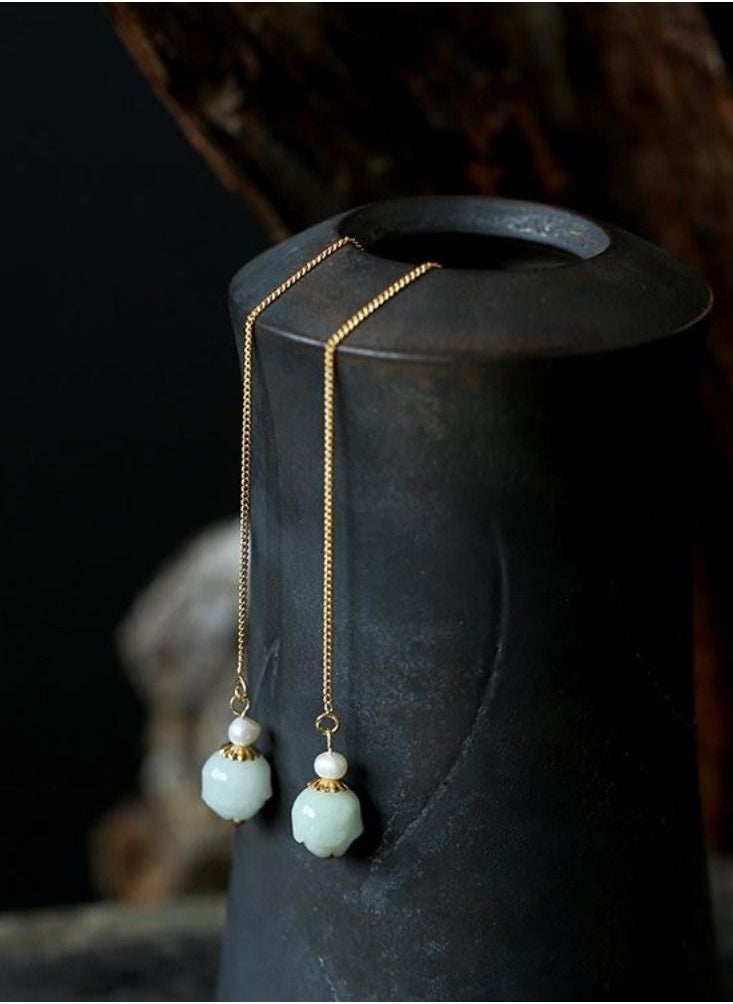 General Sterling silver high-end sense long metal linear emerald earrings/earrings  - Image 2