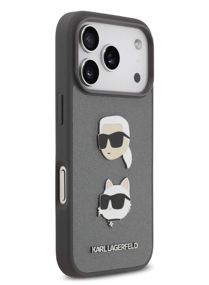 Karl Lagerfeld iPhone 17 Pro Case / Full Wrapped Saffiano Leather Caver With Karl & Choupette Head Pins - Grey - Image 4