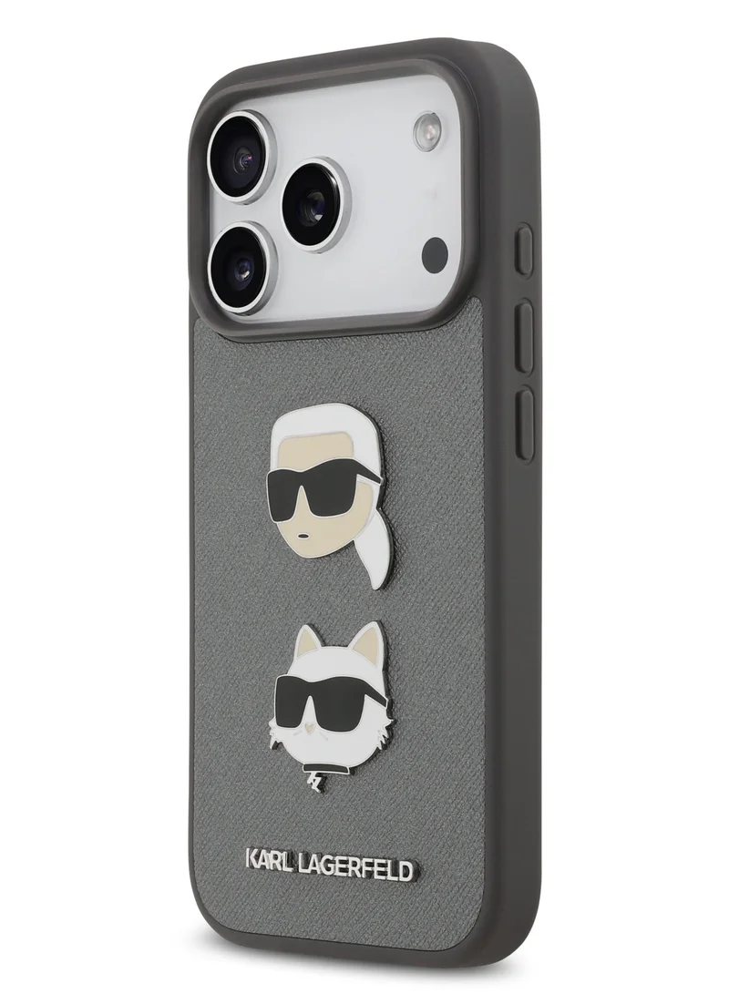 Karl Lagerfeld iPhone 17 Pro Case / Full Wrapped Saffiano Leather Caver With Karl & Choupette Head Pins - Grey