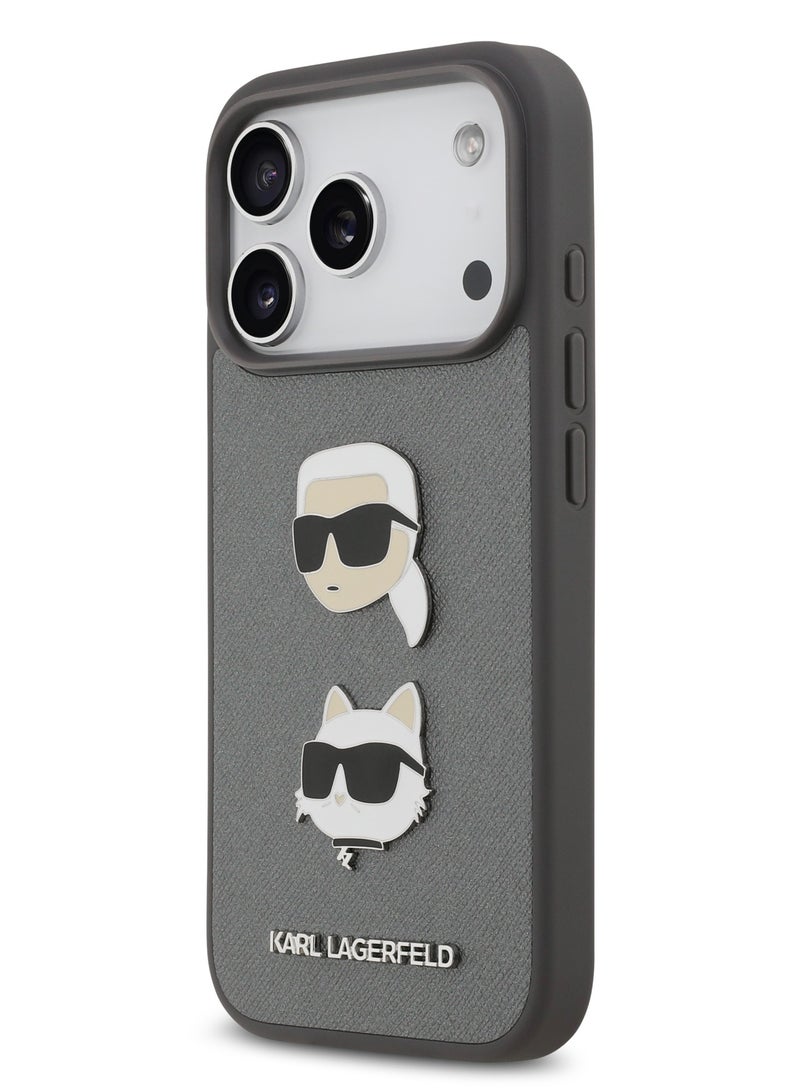 Karl Lagerfeld iPhone 17 Pro Case / Full Wrapped Saffiano Leather Caver With Karl & Choupette Head Pins - Grey - Image 2