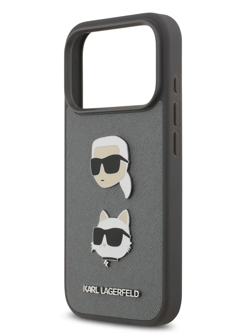 Karl Lagerfeld iPhone 17 Pro Case / Full Wrapped Saffiano Leather Caver With Karl & Choupette Head Pins - Grey