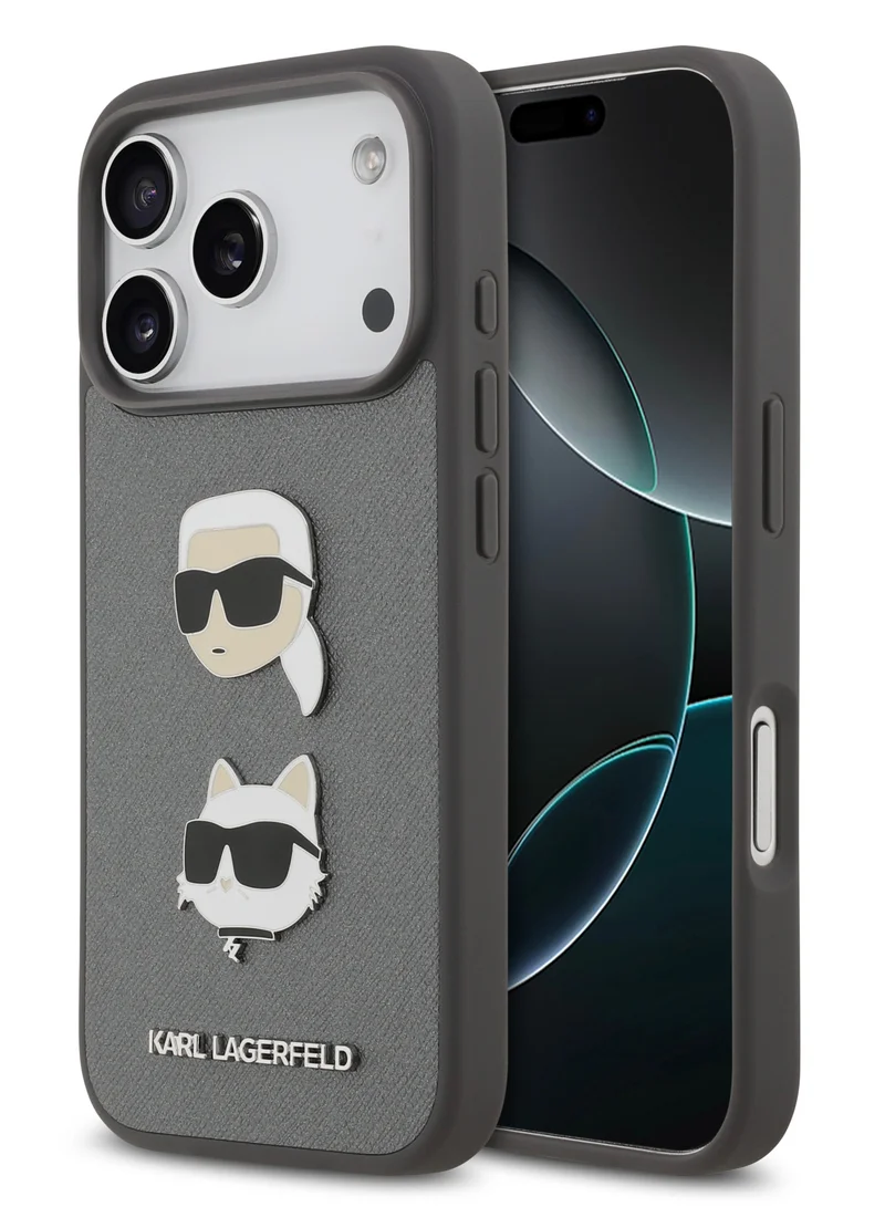 Karl Lagerfeld iPhone 17 Pro Case / Full Wrapped Saffiano Leather Caver With Karl & Choupette Head Pins - Grey