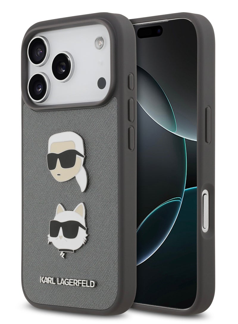 Karl Lagerfeld iPhone 17 Pro Case / Full Wrapped Saffiano Leather Caver With Karl & Choupette Head Pins - Grey - Image 1