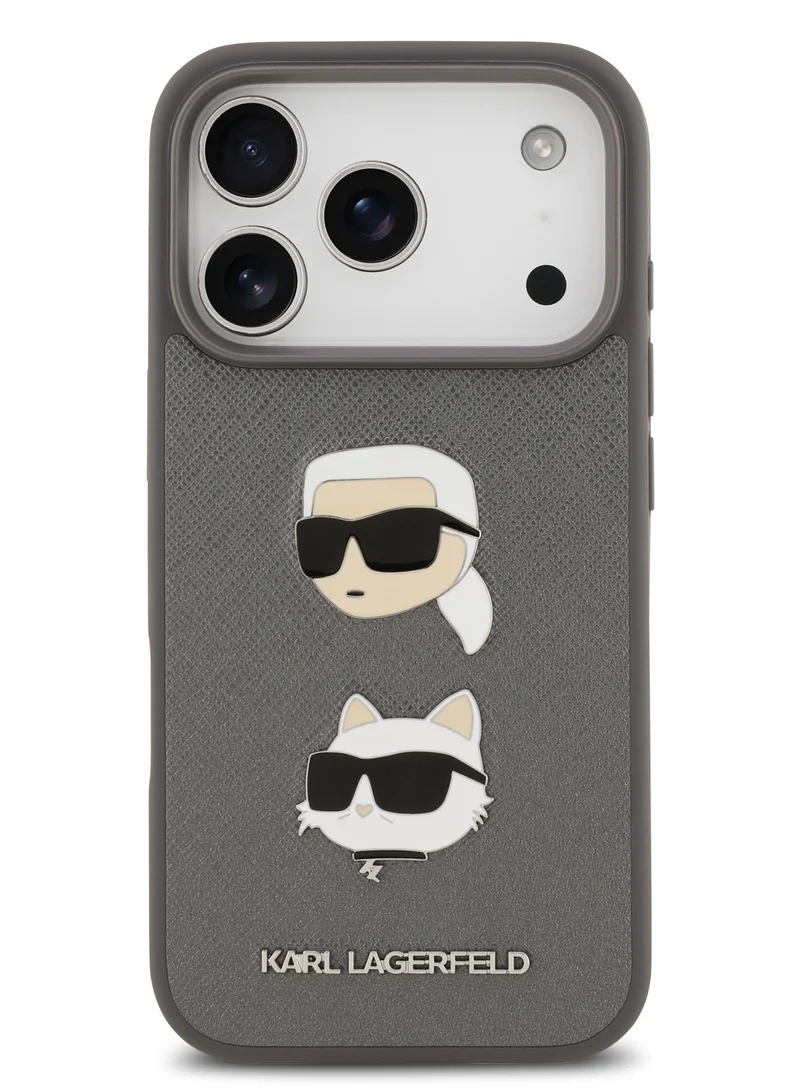 Karl Lagerfeld iPhone 17 Pro Case / Full Wrapped Saffiano Leather Caver With Karl & Choupette Head Pins - Grey