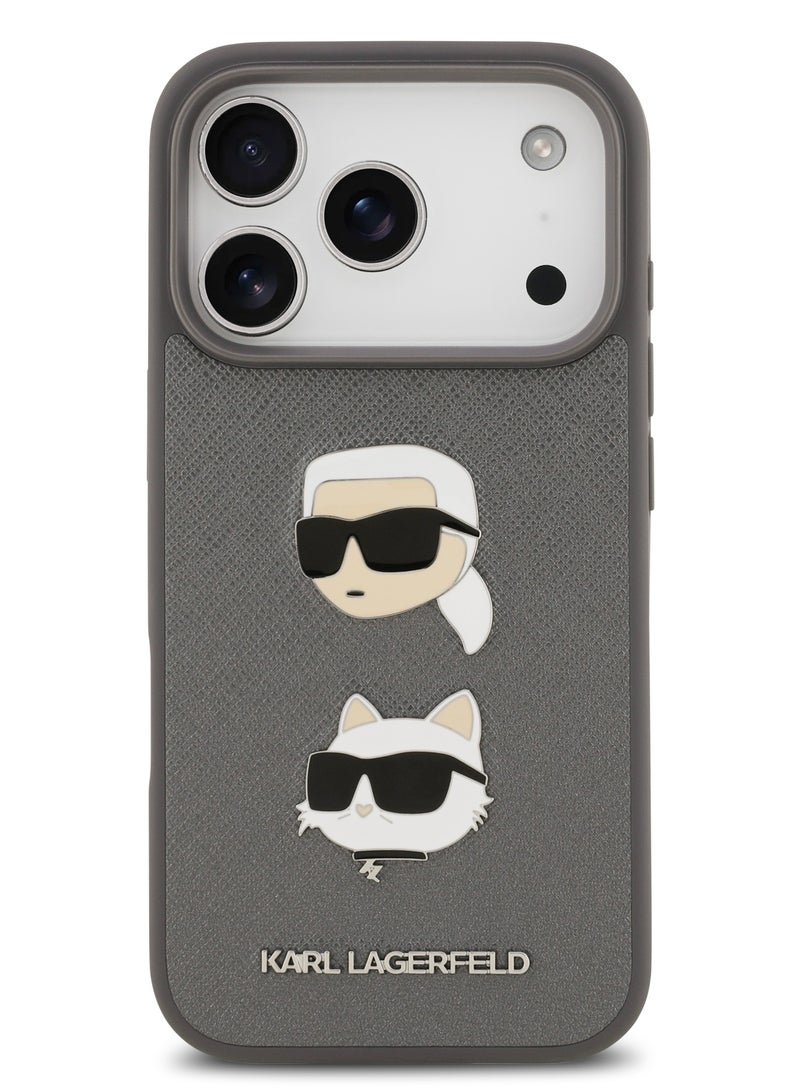 Karl Lagerfeld iPhone 17 Pro Case / Full Wrapped Saffiano Leather Caver With Karl & Choupette Head Pins - Grey - Image 3