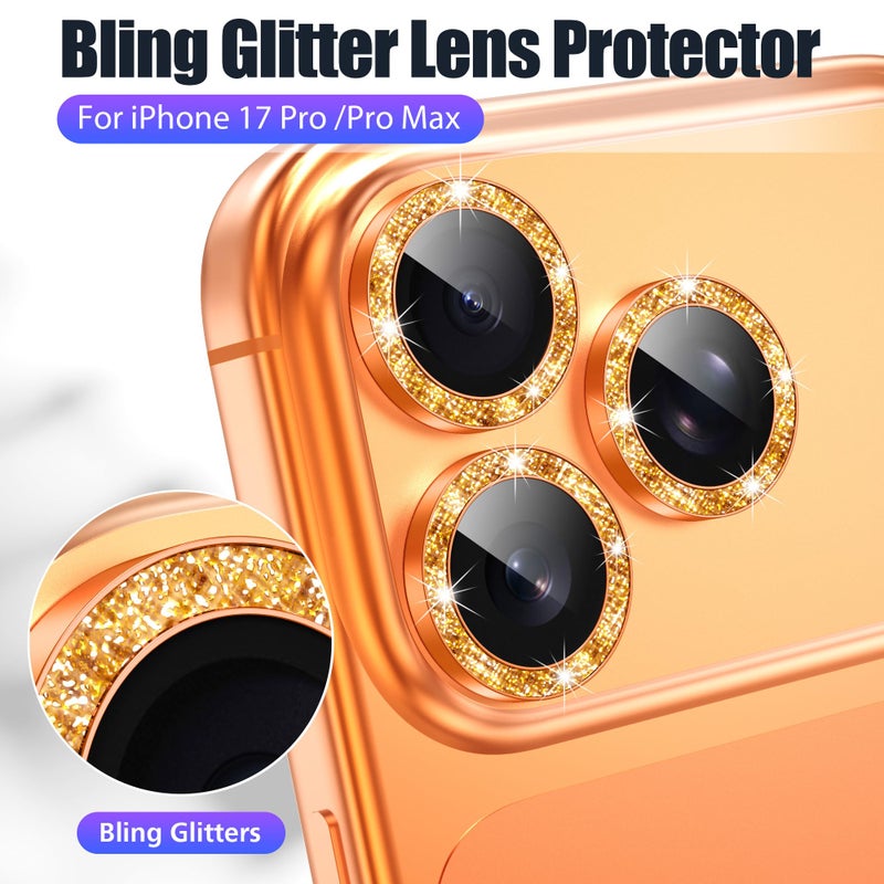 AGVEE 3+3 6 Pack for iPhone 17 Pro 6.3" / 17 Pro Max 6.9" Camera Lens Protector, Bling Diamond & Bling Glitter Metal Ring 9H Tempered HD Glass Camera Cover Film, Bling-Orange - Image 5