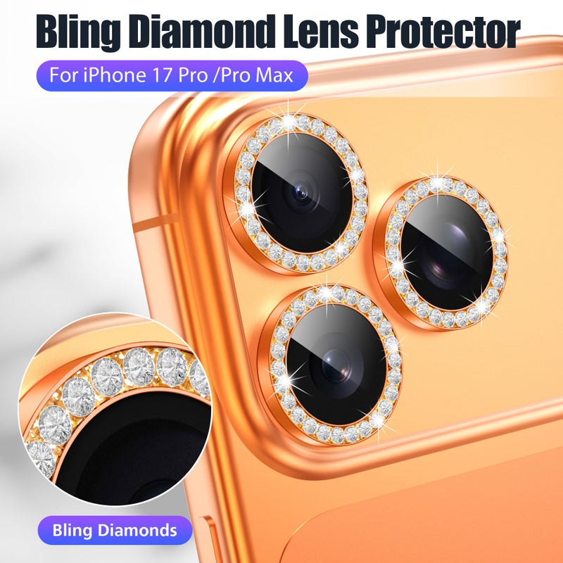 AGVEE 3+3 6 Pack for iPhone 17 Pro 6.3" / 17 Pro Max 6.9" Camera Lens Protector, Bling Diamond & Bling Glitter Metal Ring 9H Tempered HD Glass Camera Cover Film, Bling-Orange - Image 4