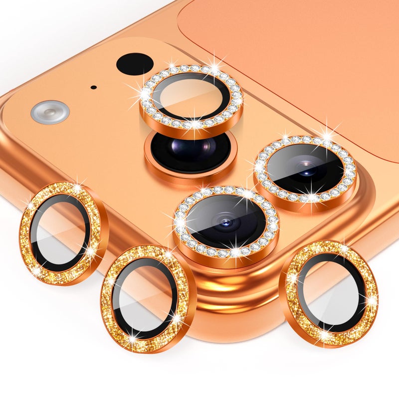 AGVEE 3+3 6 Pack for iPhone 17 Pro 6.3" / 17 Pro Max 6.9" Camera Lens Protector, Bling Diamond & Bling Glitter Metal Ring 9H Tempered HD Glass Camera Cover Film, Bling-Orange - Image 1
