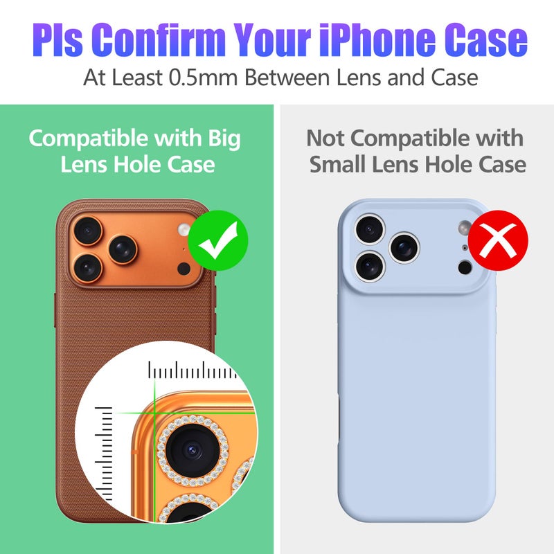 AGVEE 3+3 6 Pack for iPhone 17 Pro 6.3" / 17 Pro Max 6.9" Camera Lens Protector, Bling Diamond & Bling Glitter Metal Ring 9H Tempered HD Glass Camera Cover Film, Bling-Orange - Image 3