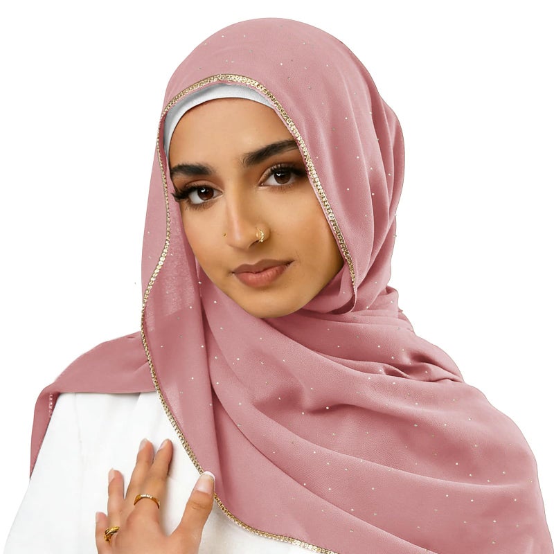 Piewag Hijab Scarf for Women Soft Chiffon Rhinestone Long Scarf Shawl Fashion Muslim Hijab Head Wrap Scarves Pink - Image 1