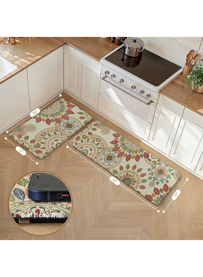 GENIMO Kitchen Mats for Floor 2PCS, Cushioned Kitchen Rugs Non Slip Washable, Farmhouse Anti Fatigue Mat Waterproof, Comfort Standing Mat Rug for Office, Home, Laundry, 17.3"x47"+17.3"x30", Beige&Red - Image 2