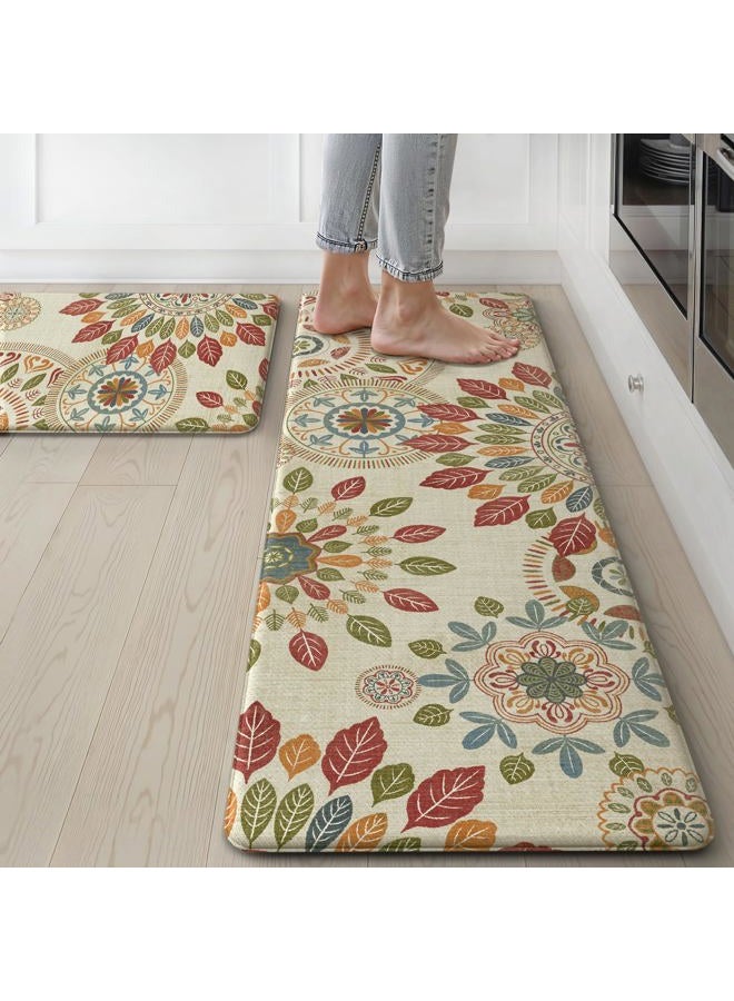 GENIMO Kitchen Mats for Floor 2PCS, Cushioned Kitchen Rugs Non Slip Washable, Farmhouse Anti Fatigue Mat Waterproof, Comfort Standing Mat Rug for Office, Home, Laundry, 17.3"x47"+17.3"x30", Beige&Red - Image 1
