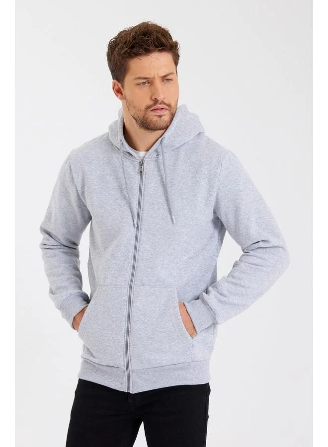 Mmetalic Men’s Grey Hooded Zippered Sweatshirt with Kangaroo Pocket and Cotton Lining