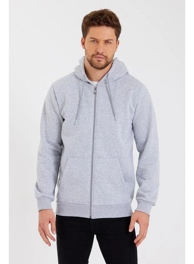 Mmetalic Men’s Grey Hooded Zippered Sweatshirt with Kangaroo Pocket and Cotton Lining