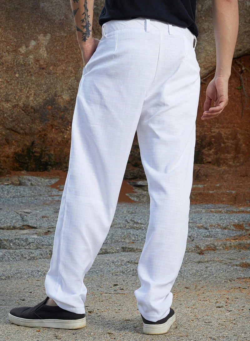 Campus Sutra Campus Sutra Men's Chalk White Korean Tailored Trousers For Casual Wear | Regular Fit | Low-Rise | Button Closure | Trousers Crafted With Comfort Fit For Everyday Wear