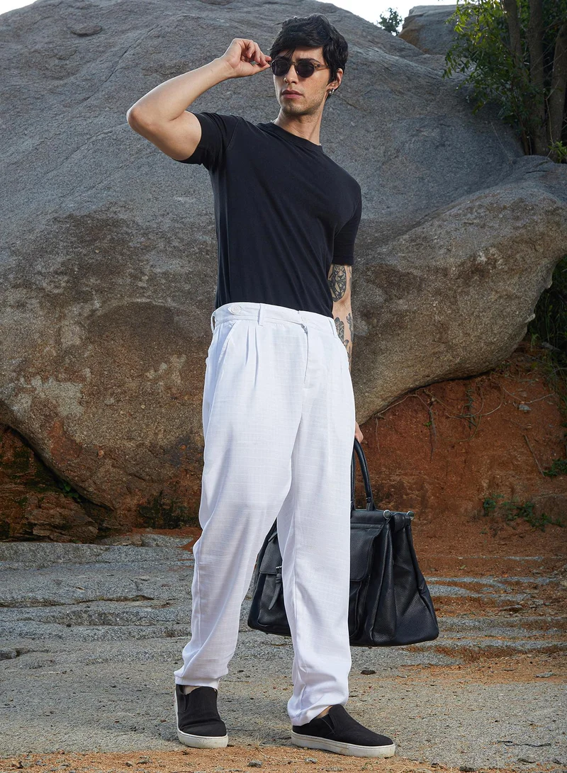 Campus Sutra Campus Sutra Men's Chalk White Korean Tailored Trousers For Casual Wear | Regular Fit | Low-Rise | Button Closure | Trousers Crafted With Comfort Fit For Everyday Wear