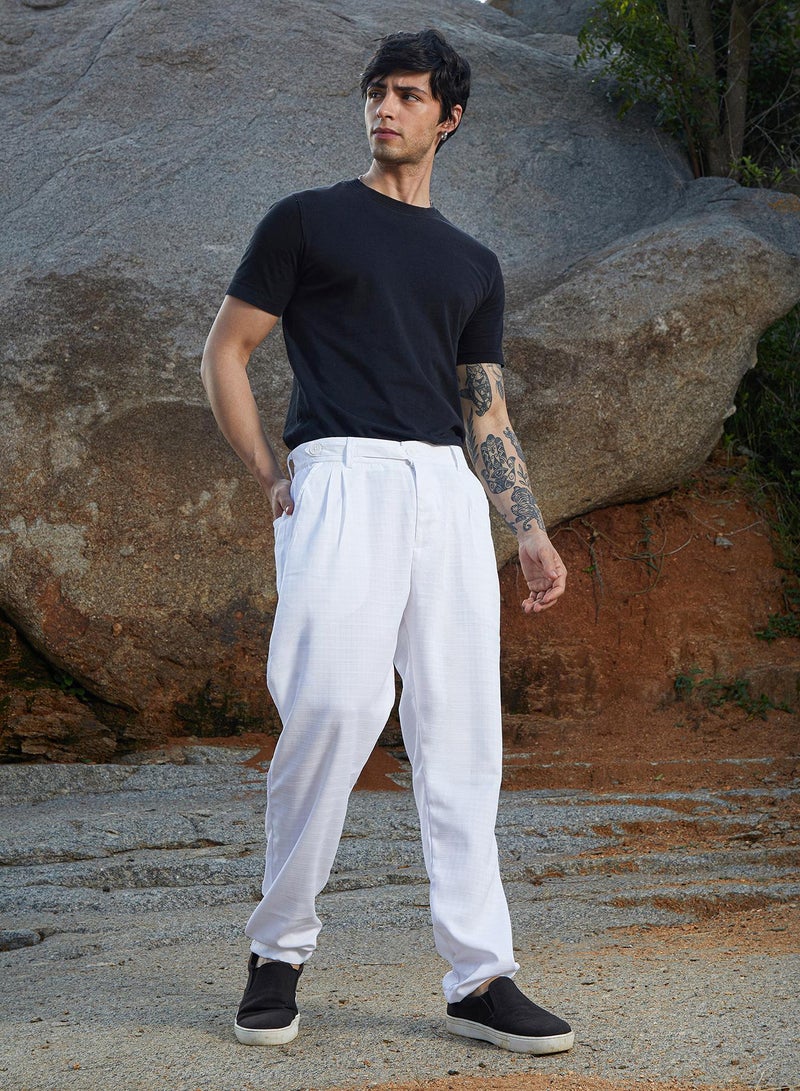 Campus Sutra Campus Sutra Men's Chalk White Korean Tailored Trousers For Casual Wear | Regular Fit | Low-Rise | Button Closure | Trousers Crafted With Comfort Fit For Everyday Wear  - Image 5
