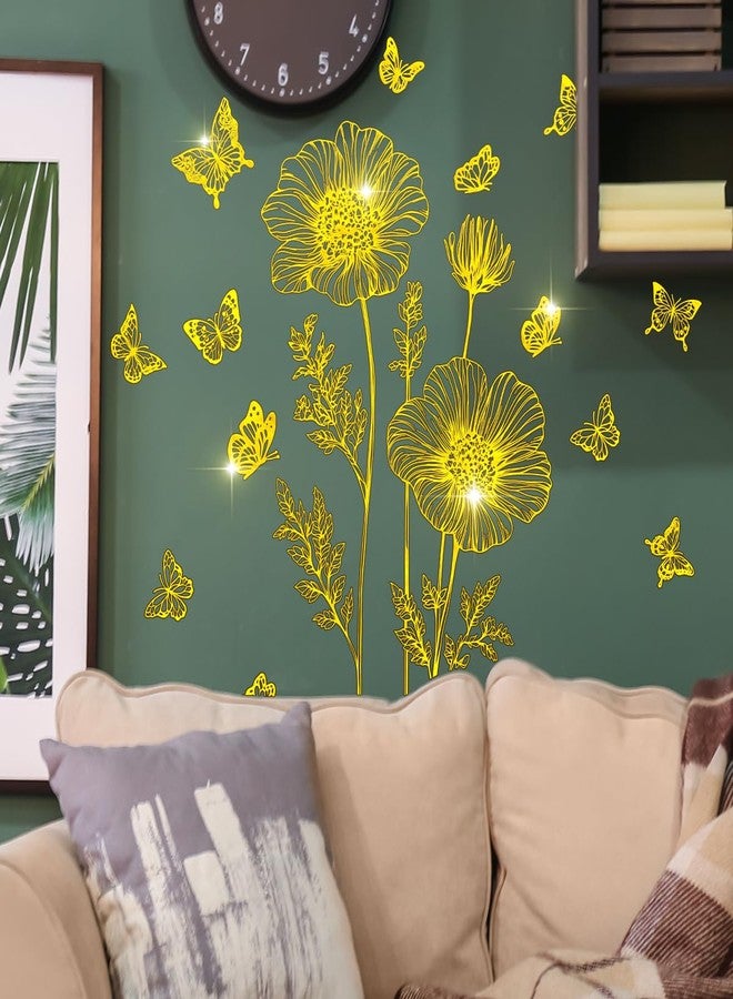 Runtoo Gold Flower Wall Decals Peel and Stick Golden Floral Butterfly Wall Stickers for Living Room Bedroom Bathroom Office Decor - Image 1