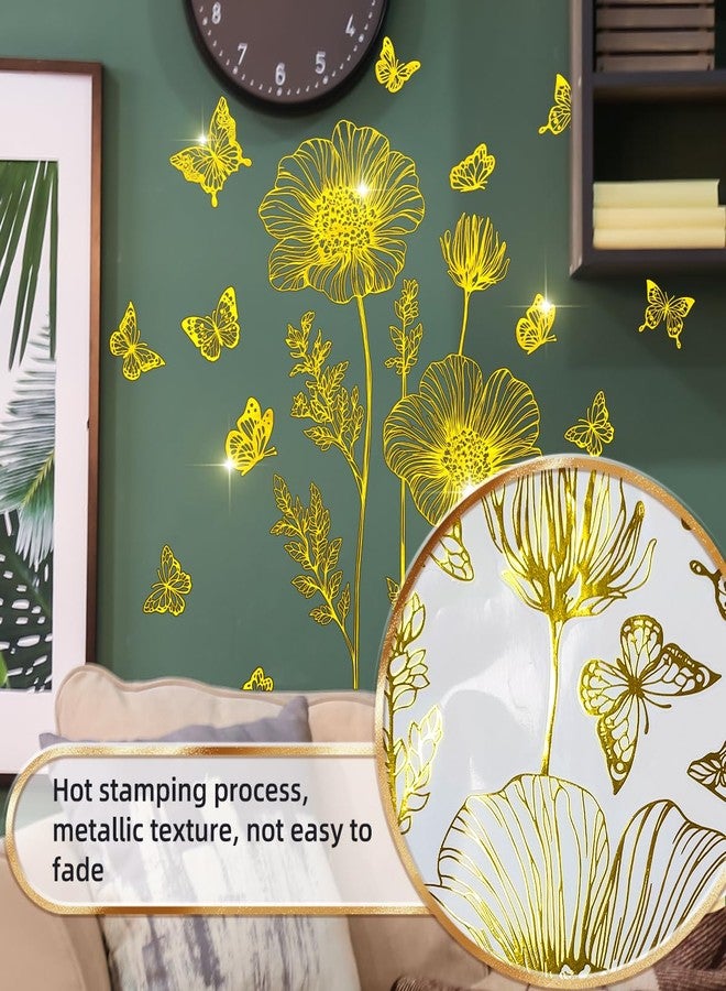 Runtoo Gold Flower Wall Decals Peel and Stick Golden Floral Butterfly Wall Stickers for Living Room Bedroom Bathroom Office Decor - Image 4