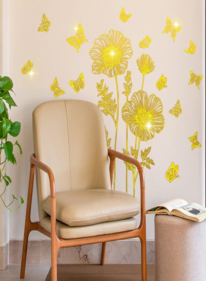 Runtoo Gold Flower Wall Decals Peel and Stick Golden Floral Butterfly Wall Stickers for Living Room Bedroom Bathroom Office Decor - Image 3