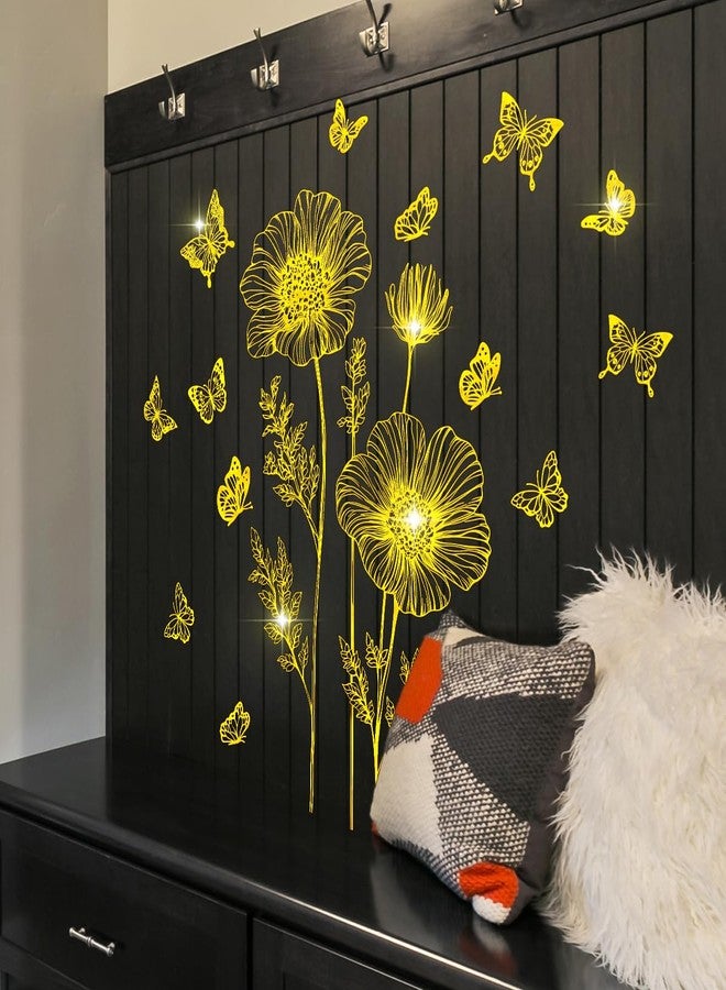 Runtoo Gold Flower Wall Decals Peel and Stick Golden Floral Butterfly Wall Stickers for Living Room Bedroom Bathroom Office Decor - Image 2