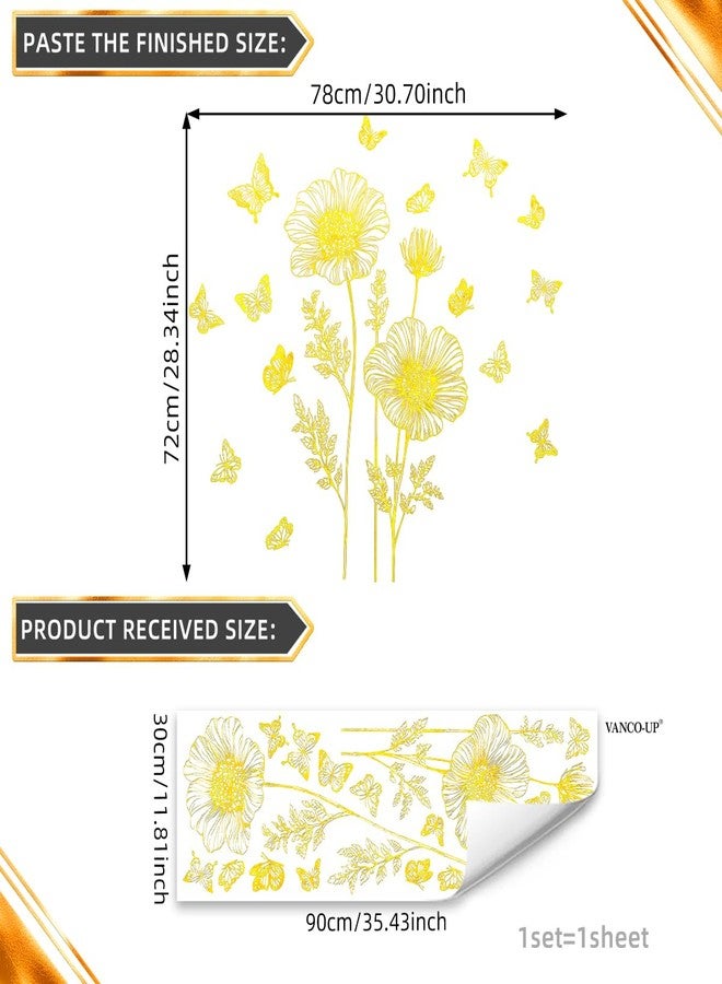 Runtoo Gold Flower Wall Decals Peel and Stick Golden Floral Butterfly Wall Stickers for Living Room Bedroom Bathroom Office Decor - Image 5