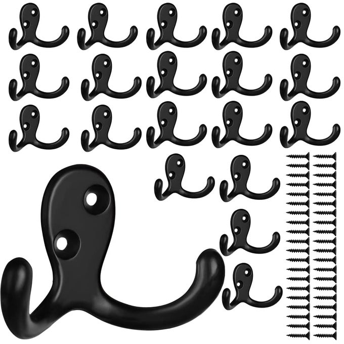 20 PACK HEAVY DUTY DOUBLE PRONG COAT HOOKS WALL MOUNTED WITH 40 SCREWS RETRO DOUBLE HOOKS UTILITY HOOKS FOR COAT SCARF BAG TOWEL KEY CAP CUP HAT