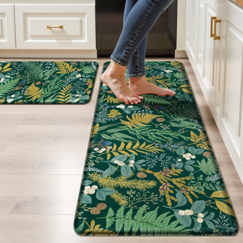 keensoft Dark Green Botanical Kitchen Rugs Set of 2 Plant Leaf Anti-Fatigue Kitchen Mat Natural Comfort Standing Waterproof PVC Mats 2/5" Thick Leather Carpet for Laundry Office Sink(17.3" x28" + 17.3" x 47") - Image 1