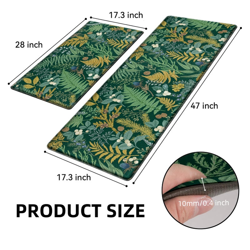 keensoft Dark Green Botanical Kitchen Rugs Set of 2 Plant Leaf Anti-Fatigue Kitchen Mat Natural Comfort Standing Waterproof PVC Mats 2/5" Thick Leather Carpet for Laundry Office Sink(17.3" x28" + 17.3" x 47") - Image 2