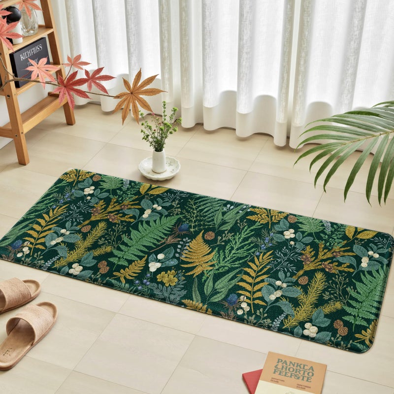 keensoft Dark Green Botanical Kitchen Rugs Set of 2 Plant Leaf Anti-Fatigue Kitchen Mat Natural Comfort Standing Waterproof PVC Mats 2/5" Thick Leather Carpet for Laundry Office Sink(17.3" x28" + 17.3" x 47") - Image 3