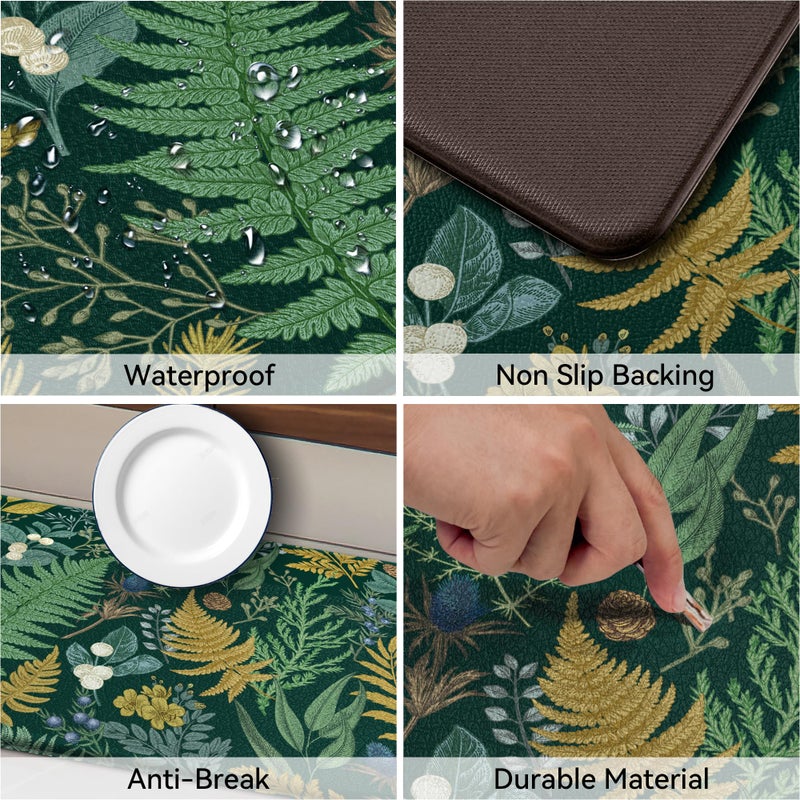 keensoft Dark Green Botanical Kitchen Rugs Set of 2 Plant Leaf Anti-Fatigue Kitchen Mat Natural Comfort Standing Waterproof PVC Mats 2/5" Thick Leather Carpet for Laundry Office Sink(17.3" x28" + 17.3" x 47") - Image 4