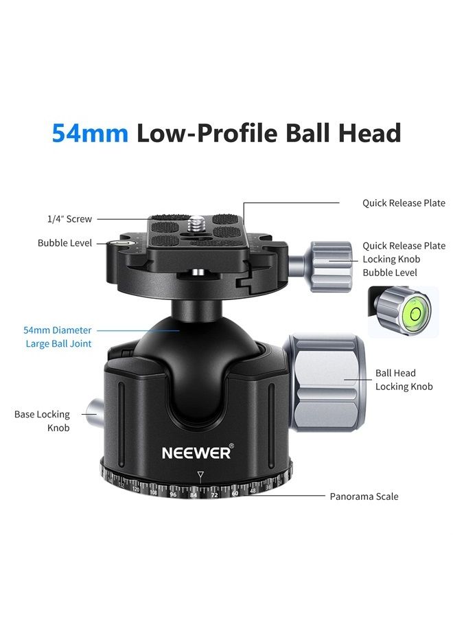 Neewer Low Profile DSLR Camera Tripod Ball Head, 54mm All Metal Panoramic Camera Mount Tripod Head with 1/4” Quick Release Plate for DSLR Camera/Camcorder, Tripod, Monopod, Slider, Max Load 77lb/35kg - Image 2