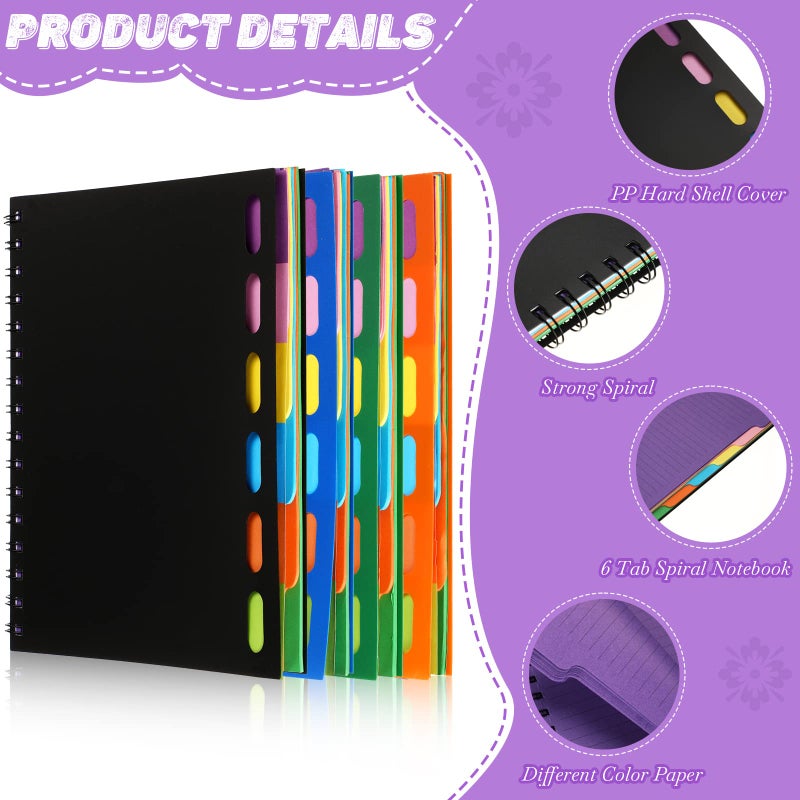 Fainne 4 Pcs 6 Subject A5 Spiral Notebook College Ruled with Dividers Tabs, 6. 75 x 8. 25 Inches, 240 Pages Lined Spiral Journal Notebook for Studying Work Writing Office Supplies (Simple Colors) - Image 3