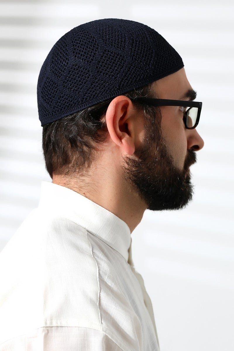 ihvanonline Machine Knitted Lace Detailed Prayer Cap Navy Blue - Image 4