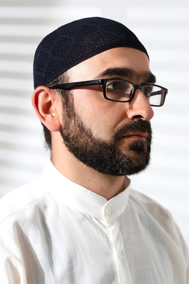 ihvanonline Machine Knitted Lace Detailed Prayer Cap Navy Blue - Image 1
