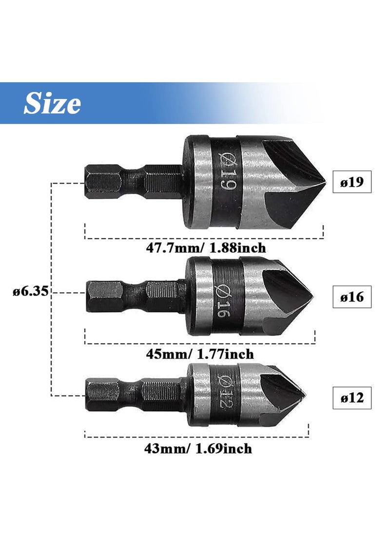 Eyech 3Pcs Chamfering Countersink Drill Bit Set 5 Flute 90 Degree Countersink Chamfer Drill Bit with 14 Inch Hex Shank 12mm 16mm 19mm  - Image 2