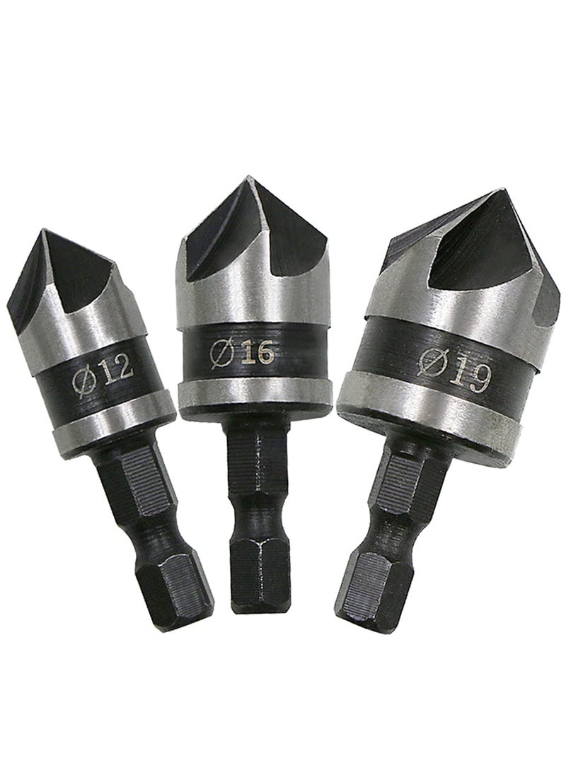 Eyech 3Pcs Chamfering Countersink Drill Bit Set 5 Flute 90 Degree Countersink Chamfer Drill Bit with 14 Inch Hex Shank 12mm 16mm 19mm  - Image 1
