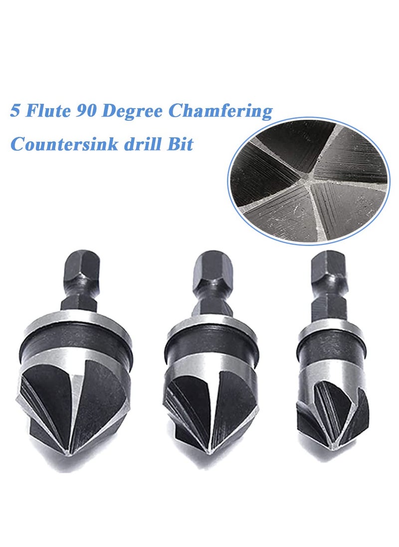 Eyech 3Pcs Chamfering Countersink Drill Bit Set 5 Flute 90 Degree Countersink Chamfer Drill Bit with 14 Inch Hex Shank 12mm 16mm 19mm  - Image 5