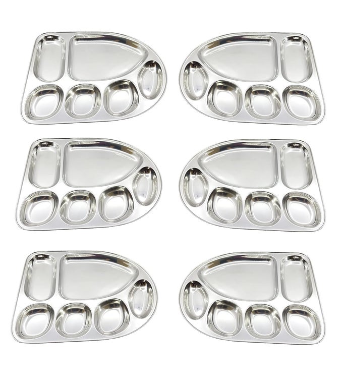 STAINLESS STEEL DINNER PLATETHALI SET OF 6 SILVER BANANA LEAFSHAPED TRAY WITH MULTICOMPARTMENT DESIGN 6IN1 DIVIDED PLATE FOR CONVENIENT MEAL SERVING