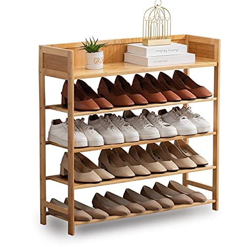 Suwoic Bamboo Shoe Rack Organizer 5 Tier Shoe Shelf Storage Organizer for Entryway Hallway and Closet Nature