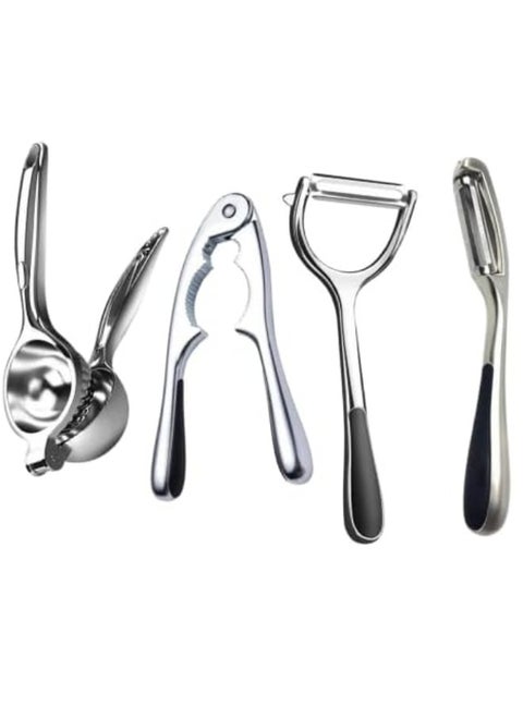 4-in-1 Stainless Steel Kitchen Set  2 potato peelers With two different shapes,  Nut Cracker, and Lemon Squeezer.